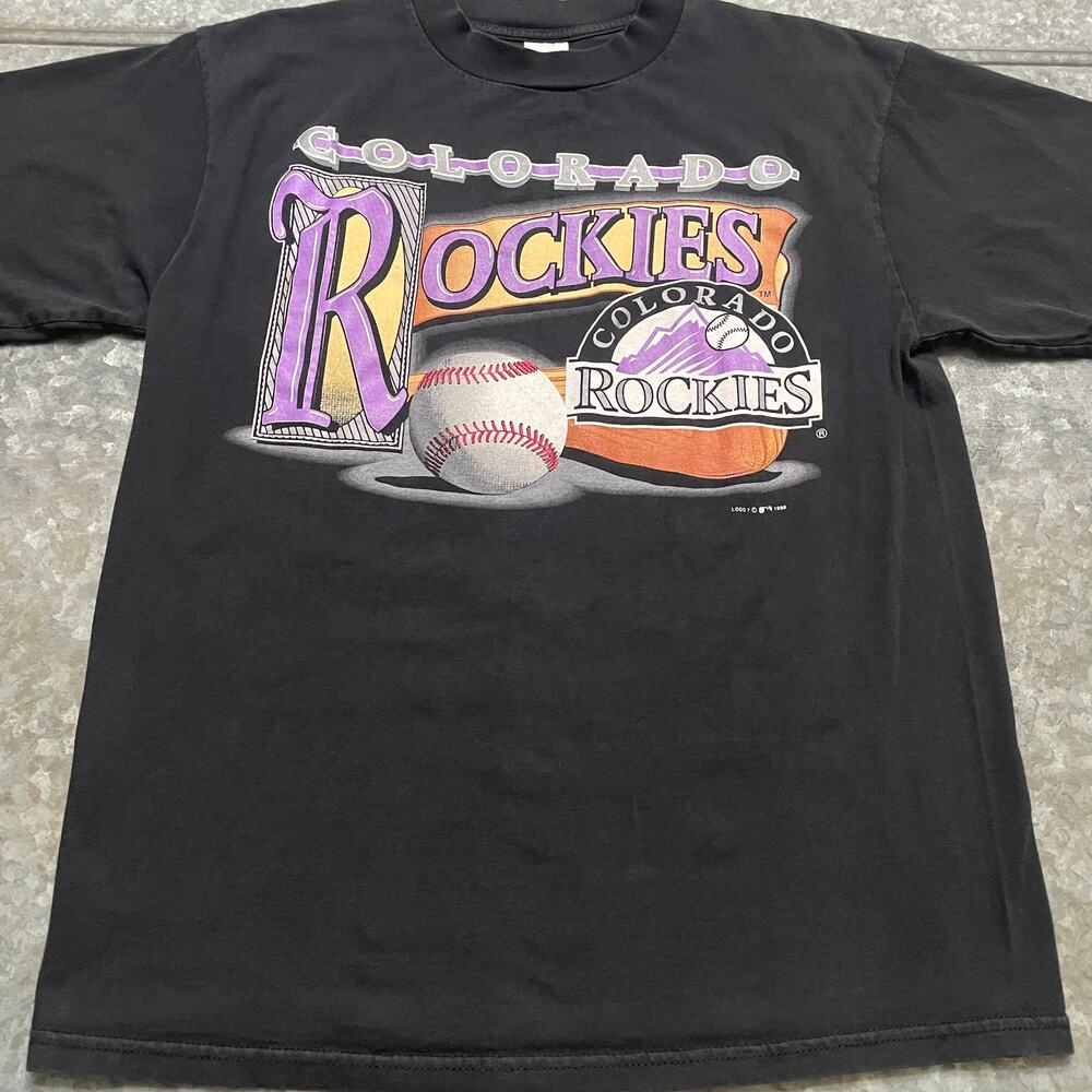 Vintage 90s Colorado Rockies Logo 7 Tee Shirt Large 1998 MLB Baseball Black
